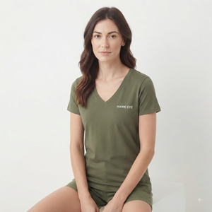 Camiseta de Manga Corta con Cuello en V para Mujer, Color Verde Oliva, Corte Regular, Tejido de Punto, Informal, para Todas las Temporadas, Color Sólido - Product Image 3