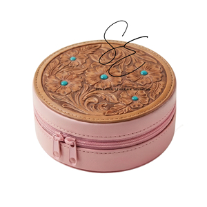 2026 NEW <b>Pink</b> Rustic Western Leather Jewelry Organizer <b>Box</b> Handmade Floral <b>Tooled</b> Cowhide Case for Rings Earrings Necklace - Product Image 1