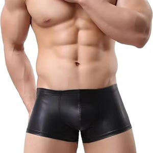 Shorts en cuir décontractés pour hommes, coupe ajustée, taille élastique, décoration boutonnée en toile, personnalisable - Product Image 1