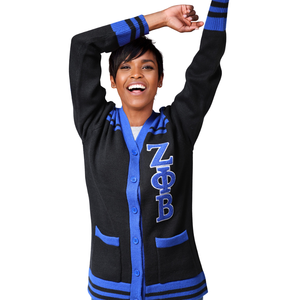 Suéter Cárdigan de Lana Zeta Phi Beta para Mujer, Negro y Azul, con Botones, Estilo Universitario, Chaqueta con Letras de la Hermandad, Cárdigan Premium - Product Image 3