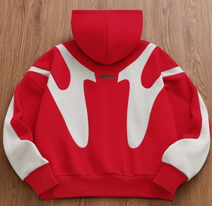 Sweat-shirt court unisexe à capuche zippé, color block rouge et blanc, style streetwear, manches raglan, en molleton tricoté anti-boulochage - Product Image 2