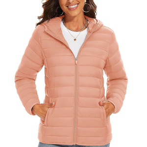 <b>Pink</b> Quilted Hooded <b>Jacket</b> Women Full Sleeve Zipper Closure Solid Color Autumn Lightweight Puffer Coat - Product Image 2