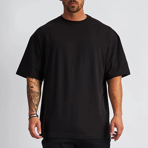 Wholesale Custom Eco-Friendly Front Silk Screen Printed 220g Heavyweight Oversized Tee <b>Shirt</b> Vintage Neck Black Solid for Men - Product Image 2