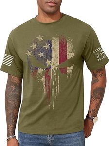 Men's Olive Green Short Sleeve O-Neck T-Shirt With American Flag <b>Skull</b> Print 100% Cotton Jersey Casual Regular Fit - Product Image 2