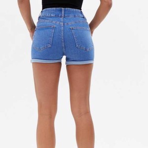 Shorts de Mezclilla de Cintura Alta para Mujer, Color Sólido, Cierre de Botones, Estilo Casual de Verano, Corte Regular, Azul - Product Image 2
