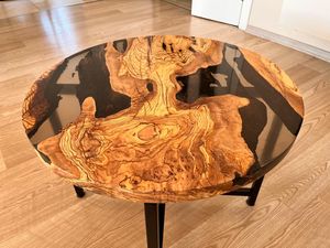 Round Wood Resin <b>Coffee</b> <b>Table</b> Rustic Design Black Metal Legs Indoor Living Room Furniture Decor Durable Artisan Crafted - Product Image 3