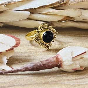 Hot Selling Vintage Black Onyx <b>Ring</b> Floral Design Tribal Ornate <b>Statement</b> <b>Ring</b> Gold Plated Brass Beaded Wholesale <b>Ring</b> For Women - Product Image 3