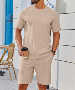 Conjuntos de 2 Piezas para Hombre, Camiseta Casual de Algodón y Pantalones Cortos, Conjunto Deportivo de Verano de Manga Corta con Textura Waffle - Product Image 1