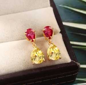 Boucles d'oreilles en saphir et rubis, pierres précieuses, pierres de naissance de septembre, argent sterling 925, plaqué or 14 carats, bijoux - Product Image 4