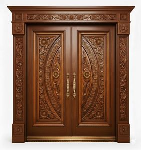 Puerta Principal Doble de Madera Sólida Hecha a Mano de Lujo con Tallado Floral Ornamentado y Acabado Premium - Product Image 1