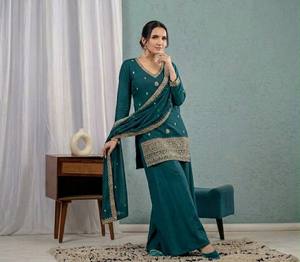 Luxury Peacock Teal <b>Green</b> <b>Silk</b> Salwar Suit Heavy Gold Zari Embroidery V-Neck Short Kurti Wide Leg Palazzo Pants Dupatta Set - Product Image 2