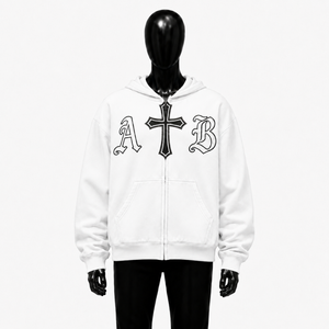 Sudadera con capucha blanca personalizada con cremallera, estilo gótico, con gráfico de cruz y letras AB, estilo urbano, unisex, para hombre y mujer - Product Image 1