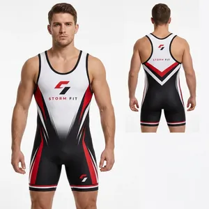 Combinaison de lutte pour hommes, impression par sublimation, coupe ajustée, compression, séchage rapide, spandex, polyester, vêtements de sport - Product Image 1