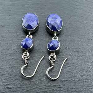 Boucles d'oreilles pendantes fantaisie en argent sterling et lapis-lazuli vintage, bijoux faits à la main avec pierres précieuses bleues, cadeau élégant pour femmes - Product Image 6
