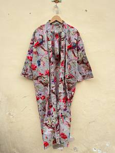 Bata Kimono de Algodón 100% Tejido con Estampado de Dibujos Animados para Mujer, Camisón de Verano Hecho a Mano, Cuello en V, Cintura Elástica, Largo hasta la Rodilla, Suave - Product Image 5