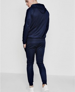 Men's Navy Blue Hooded <b>Tracksuit</b> Set Full Zipper Long Sleeve Solid Color Casual Sportswear Breathable Polyester Material - Product Image 4