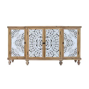 Mobiletto a 4 ante con finitura effetto legno anticato, ripiani regolabili e design intagliato a giorno unico, ideale per cucina o soggiorno - Product Image 6