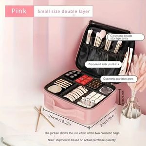 Scatola di alta qualità per il trucco in tessuto Oxford di grande capacità borsa portatile per il trucco da viaggio divisori regolabili perfetto rosso/nero - Product Image 1