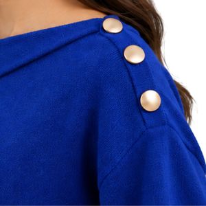 Suéter de Punto Azul Rey Brillante para Mujer, con Detalle de Botones Dorados en el Hombro, Manga Larga, Elegante, Informal, para Otoño e Invierno - Product Image 6