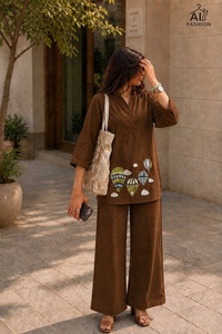 Ensemble Kurta en coton marron pour femme avec broderie montgolfière, tenue décontractée printemps-été pour le quotidien - Product Image 3