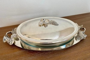 Cazuela Ovalada Plateada de Estilo Lujoso con Asa con Diseño de Uvas para Servir Comida Caliente, Decorar la Mesa de Comedor y Recepciones Festivas - Product Image 4