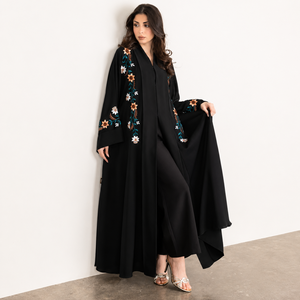 Luxury <b>Black</b> Floral Embroidered Abaya for Women Premium Modest Wear Open Front Arabic Dubai <b>Kaftan</b> Abaya - Product Image 1