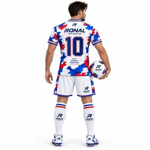 Maillot de football sublimé RONAL SPORTS pour homme – Ensemble blanc, bleu, rouge imprimé, respirant, à manches courtes – Tenue de football pour adulte - Product Image 4