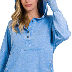 Sudadera con Capucha para Mujer, Estilo Urbano, con Botones, Lavado Ácido, Personalizada, Transpirable, de Algodón y Felpa, para Invierno - Product Image 3