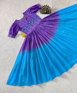 Purple <b>Blue</b> <b>Ombre</b> Cotton Vintage Quick Dry Midi <b>Dress</b> Floral Embroidery Ethnic Style Women Casual Wear India Pakistan Design - Product Image 2