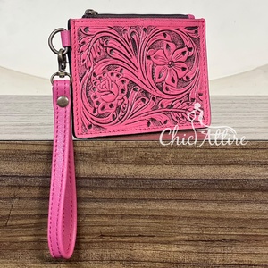 Porte-monnaie et porte-cartes en cuir véritable fait main, avec gravures florales, nouveau style western, fermeture éclair, pour femmes, portefeuille à poignet - Product Image 1
