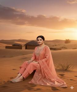 Ensemble haut, bas et dupatta en coton slub fantaisie brodé, rose clair, pour tenue de fête, dernière collection de créateur, prix de gros, vêtement ethnique - Product Image 2