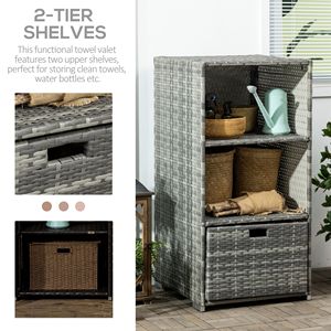 Portasciugamani da piscina impermeabile in rattan PE grigio, accessorio per spa e vasca idromassaggio da interno/esterno, 2 ripiani, 1 cestello, 1 cassetto, riscaldatore - Product Image 5