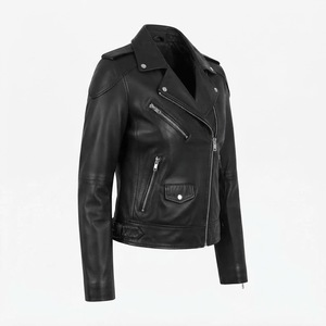 Veste de moto en cuir véritable pour femme, manches longues, fermeture éclair, col rabattable, couleur unie, vêtements d'extérieur d'automne - Product Image 3
