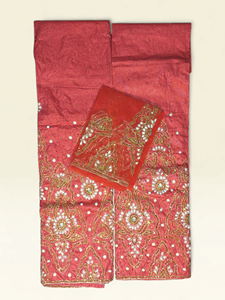 Coral Pink Luxury Beaded George <b>Fabric</b> with Gold Stone Embroidery for Nigerian Wedding & Party Wear - Product Image 2