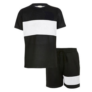 Men's Khaki Black Color Block Crew Neck T-Shirt <b>Set</b> Breathable <b>Knitted</b> Casual Summer Wear OEM ODM Long Lasting - Product Image 2