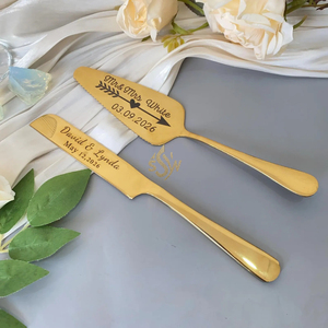 Juego de Cuchillo y Servidor de Pastel de Acero Inoxidable de Alta Calidad con Diseño de Mango con Corte Dorado Hecho a Mano para Bodas - Product Image 4