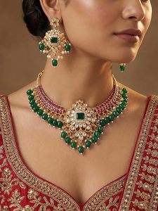 Ensemble collier, boucles d'oreilles et bague en acier inoxydable plaqué or, fleurs, imitation perle blanche, bijoux ethniques vintage pour femmes, pour mariage - Product Image 3
