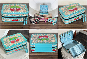 Vintage Style Hand <b>Tooled</b> Genuine Cowhide <b>Leather</b> Pretty Turquoise Jewelry Box Floral Cherry Pattern Jewelry Organizer Cases - Product Image 3