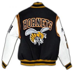 Veste de baseball pour homme, col montant noir et blanc, broderie de lettres, boutons pression - Product Image 3