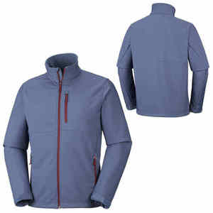 Veste polaire softshell bleue unie ajustée à col montant et fermeture éclair, manteau d'hiver sportif personnalisable en tissu chaud et matelassé - Product Image 3