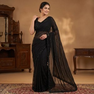 Sari Negro Georgette con Bordado Original de Cuentas Negras, Borde Calado, Blusa de Diseñador, Ideal para Fiestas y Bodas - Product Image 1