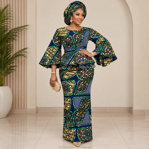 Navy Green Luxury African <b>Wax</b> Print Ankara Fabric Geometric Patchwork Pattern for Women Dressmaking - Product Image 2
