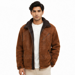 Custom <b>Mens</b> Brown <b>Sherpa</b> <b>Fleece</b> Jacket Faux Shearling Lining 300g Dark Contrast Collar Full Zip Chest Pocket Casual Winter Coat - Product Image 2