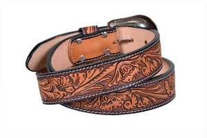 Ceinture en cuir floral western avec boucle argentée, ceinture en cuir décontractée pour homme, design brodé durable - Product Image 2