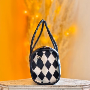 New Black White Hair Fur Checkered Diamond Pattern 100% Genuine Leather Sport Mini Speedy Duffle Bags Women's Travel Accessories - Product Image 3