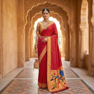 <b>Red</b> <b>Silk</b> Saree With Peacock And Floral Zari Weaving Women Traditional Wedding Wear Indian Style - Product Image 4