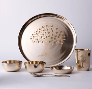 Intricately <b>carved</b> floral border Kansa bronze thali <b>set</b> with bowls, tumbler, <b>and</b> spoon, available at wholesale prices. - Product Image 6