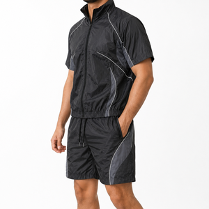 Men's Cotton Summer Co-ord Two Piece Set Elastic Waist <b>Zip</b> <b>Shirt</b> Shorts Casual Beach Wear Solid Everyday Wear - Product Image 1