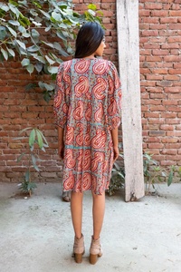 Nouveauté Mini robe longue en coton imprimé Paisley, encolure Henley avec cravates en coton Mini robe longue pour femmes - Product Image 5