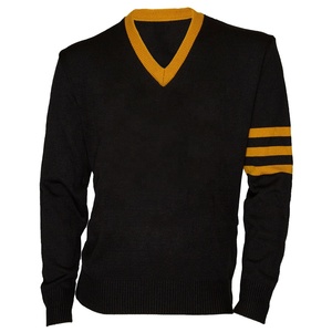 Pull en tricot noir personnalisé pour hommes, col en V, avec bordure jaune et trois bandes sur les manches, pour l'automne - Product Image 1